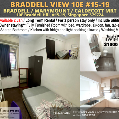 Room for rent / Braddell, Marymount, Caldecott MRT / Common room / 1 pax stay / Available 02 Jan