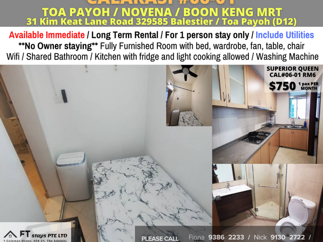 Available Immediate/Near Toa Payoh, Novena MRT/No Owner Staying/Fully Furnished