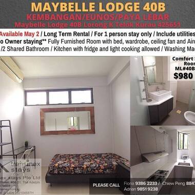 Room for rent / Kembangan, Eunos / Common room / 1pax stay / Available immediately