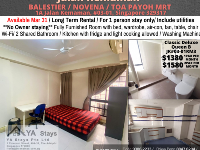 Room for rent / Toa Payoh, Novena, Newton MRT / 1-2 pax stay / Available Mar 31