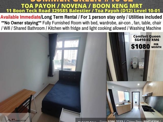 Room for rent/Toa Payoh, Boon Keng, Novena MRT/1 pax stay/Include Utilities/Available IMMEDIATELY