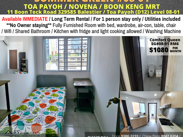 Room for rent/Toa Payoh, Boon Keng, Novena MRT/1 pax stay/Include Utilities/Available IMMEDIATELY