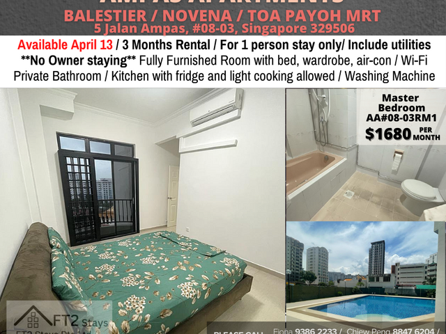 Room for rent/Toa Payoh, Boon Keng, Novena MRT/1 pax stay/Include Utilities/Available IMMEDIATELY