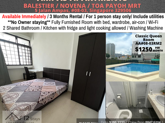 Room for rent/Toa Payoh, Boon Keng, Novena MRT/1 pax stay/Include Utilities/Available IMMEDIATELY