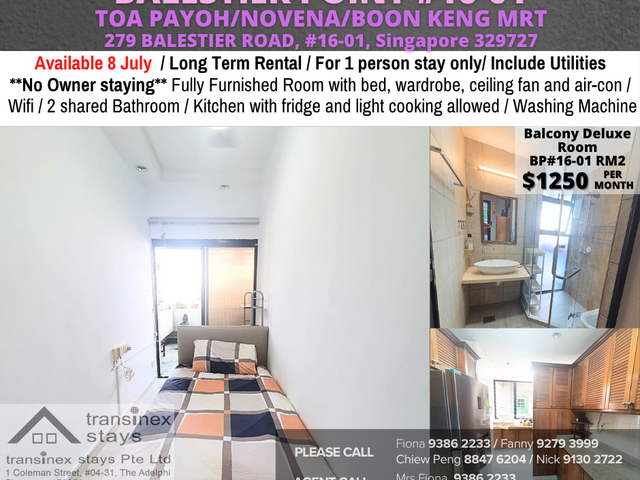 Room for Rent/ 279 BALESTIER ROAD, #16-01, Singapore 329727 /For 1 pax/Available 8 July