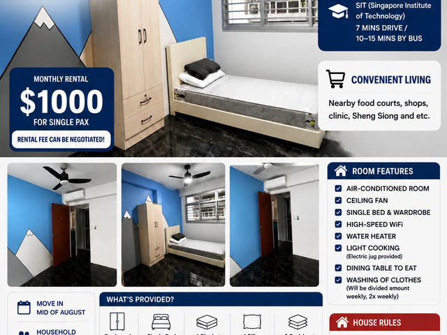 Cozy Common Room for Rent in Punggol | No Agent Fee | $1,000/Month