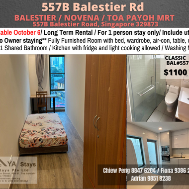 "Room for rent / BALESTIER / NOVENA / TOA PAYOH M / Common room / 1pax stay / Available October 6"