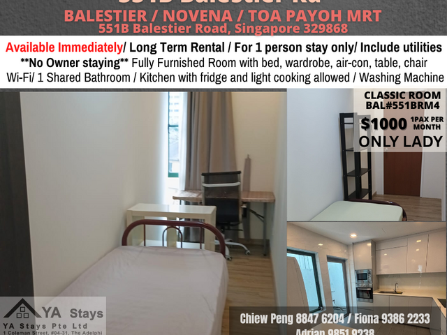 "Classic Room for rent / BALESTIER / TOA PAYOH MRT / Classic room / 1pax stay /Available immediately