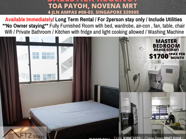 Room for rent / TOA PAYOH, NOVENA MRT / Master room / 1pax stay / Available Immediately